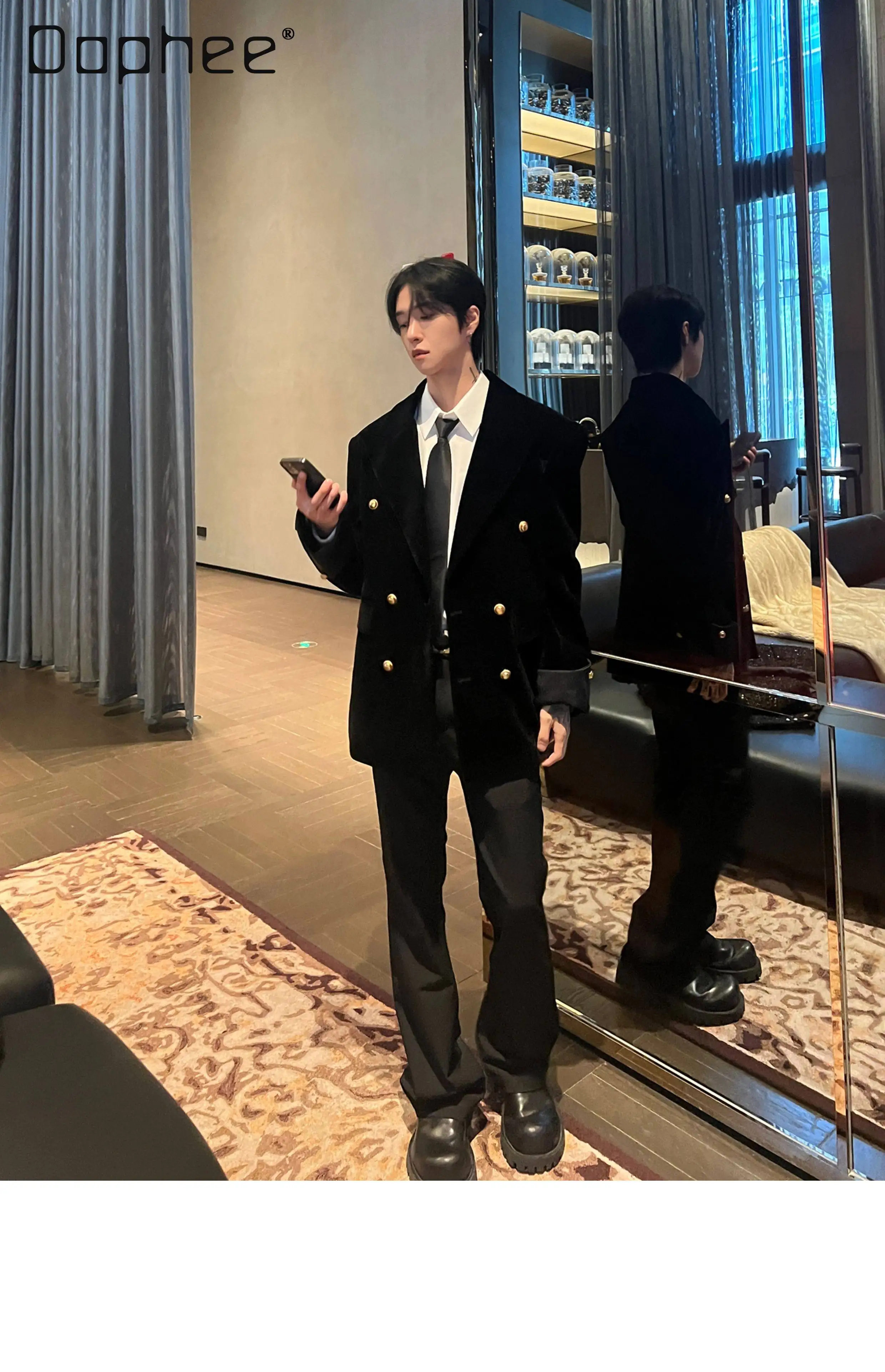 High-end Light Luxury Satin Velvet Oversized Suit Wedding Suit Fashion Cross Collar Classic Style Double-breasted Men's Jacket - Image 6