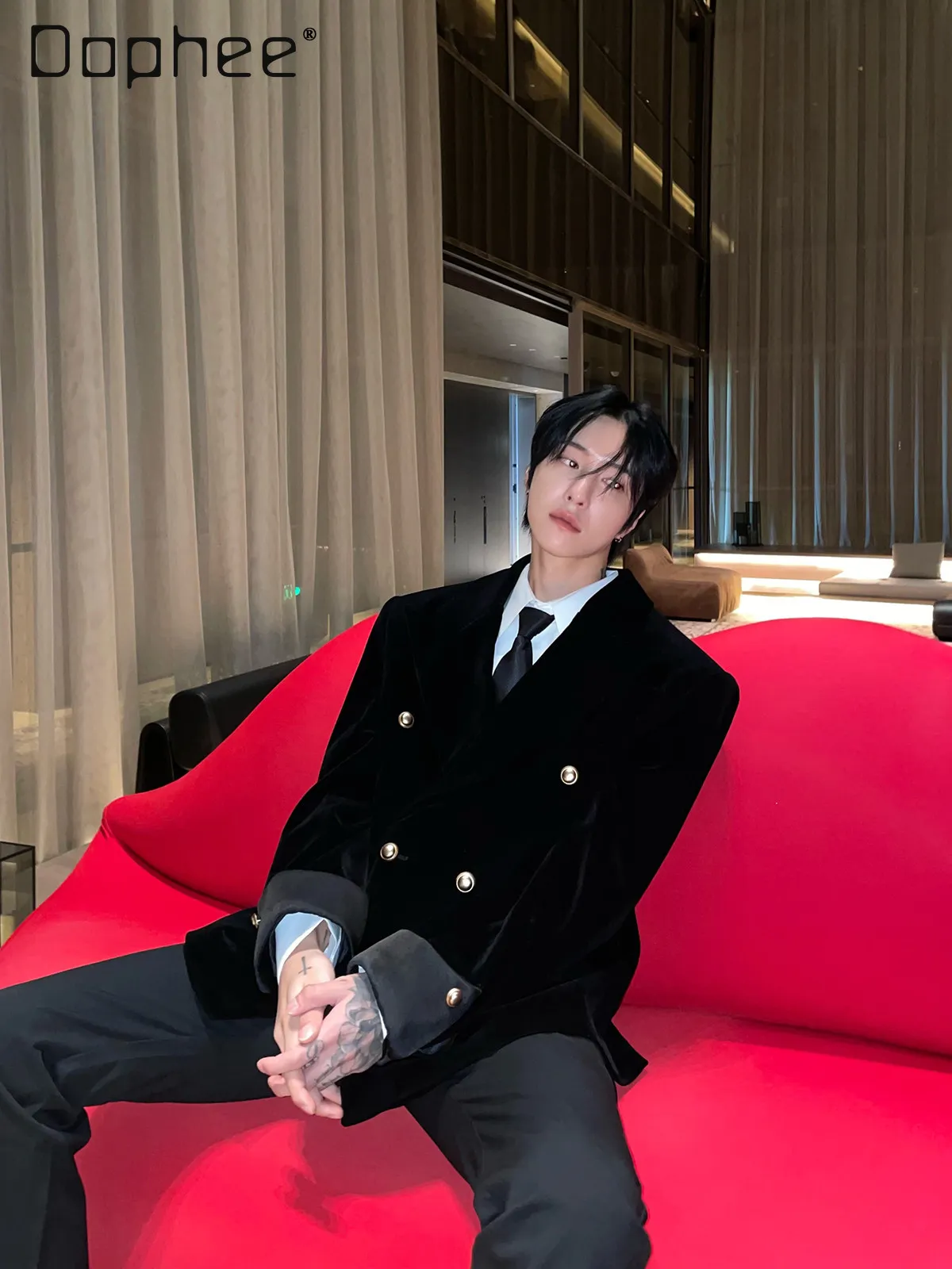 High-end Light Luxury Satin Velvet Oversized Suit Wedding Suit Fashion Cross Collar Classic Style Double-breasted Men's Jacket - Image 2