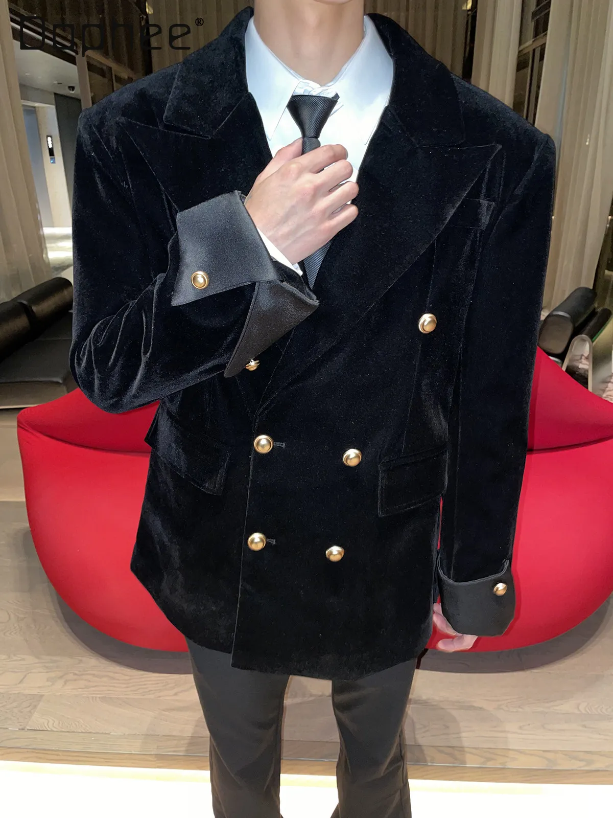 High-end Light Luxury Satin Velvet Oversized Suit Wedding Suit Fashion Cross Collar Classic Style Double-breasted Men's Jacket - Image 5